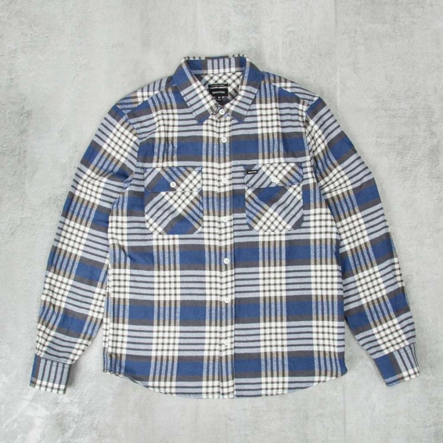 Shirts * | Brixton Bowery L/S Flannel Shirt Pacific Blue / White Cap / Black